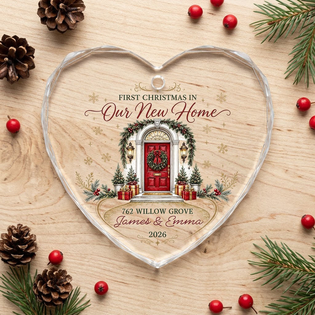 Heart-shaped glass ornament with a red front door, wreath, garland, lanterns, gift boxes, and gold snowflakes.