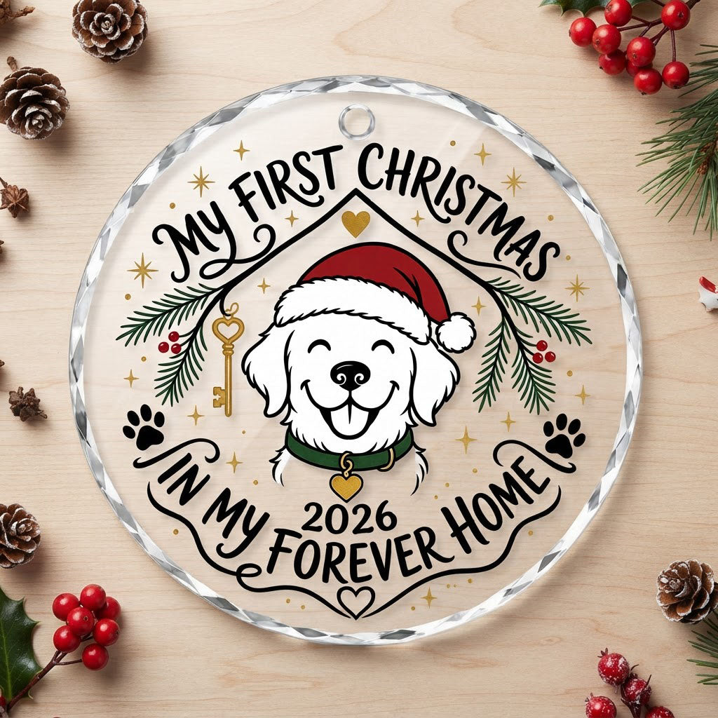 My First Christmas in My Forever Home Golden Puppy Round Glass Ornament
