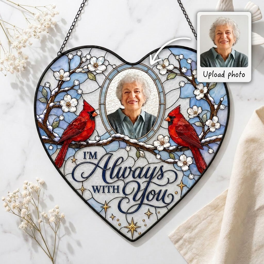 Heart suncatcher with two red cardinals on snowy branches, round photo window, and the words I'M Always WITH You.