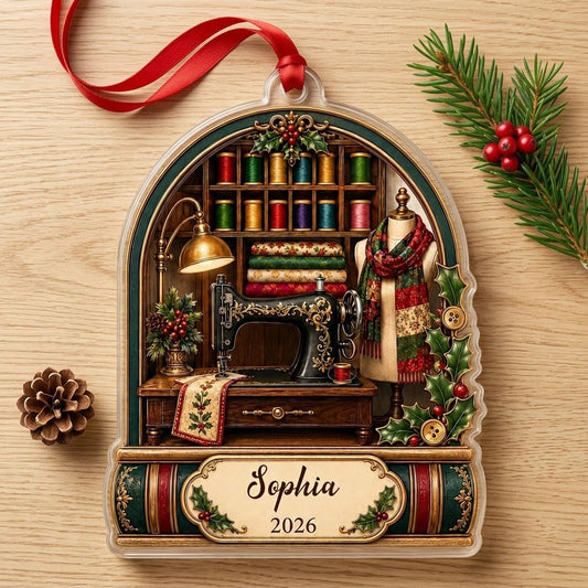 Personalized Vintage Sewing Room Studio Acrylic Ornament, Custom Quilter Seamstress Keepsake