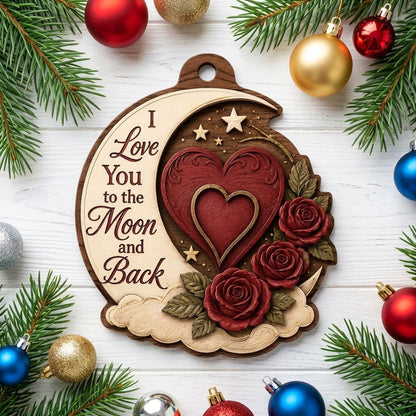 Custom-cut wood ornament with a crescent moon, red heart, three red roses, gold stars, and clouds.