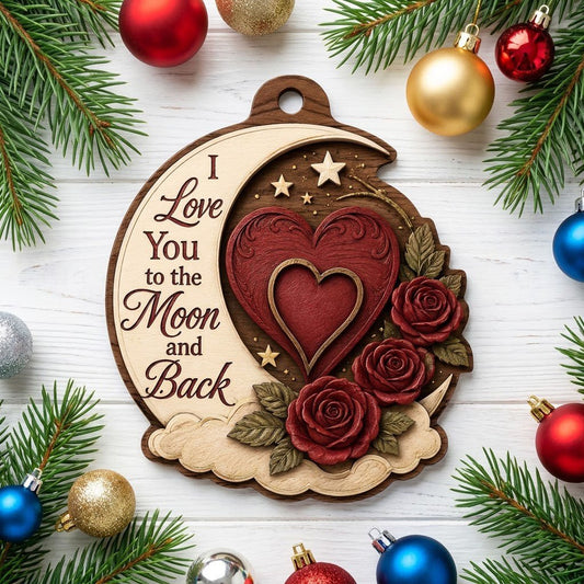 Custom-cut wood ornament with a crescent moon, red heart, three red roses, gold stars, and clouds.