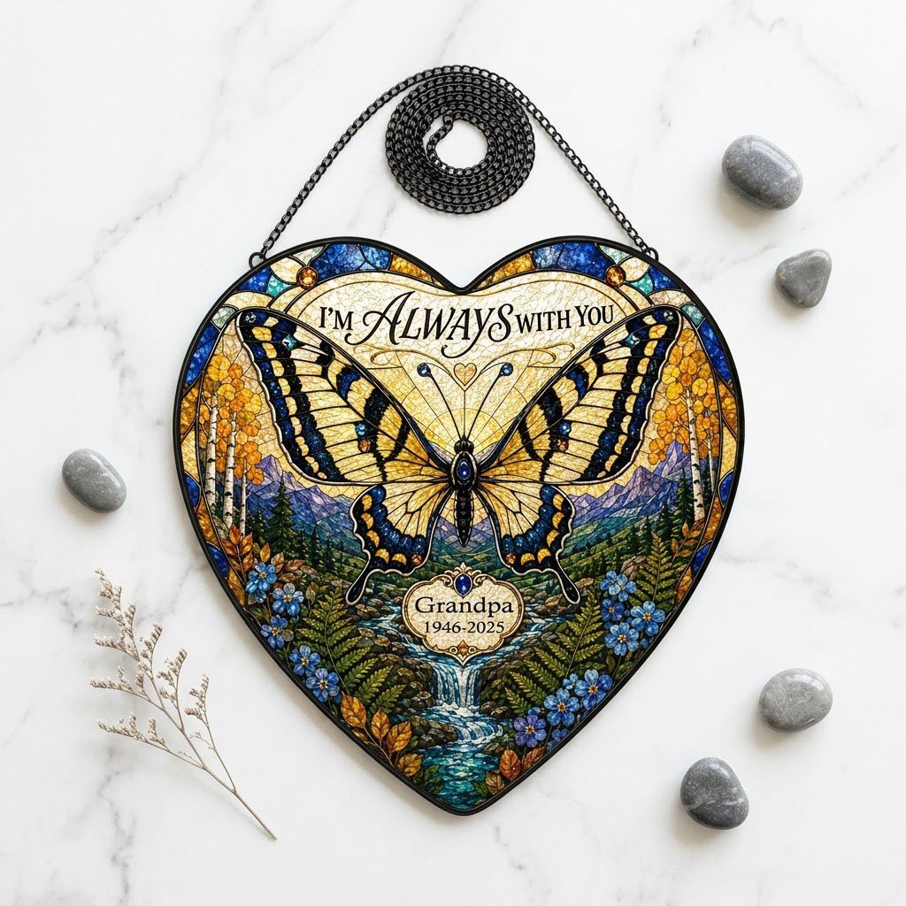 Personalized Butterfly Mountain Waterfall Memorial I'm Always With You Heart Stained Glass Suncatcher