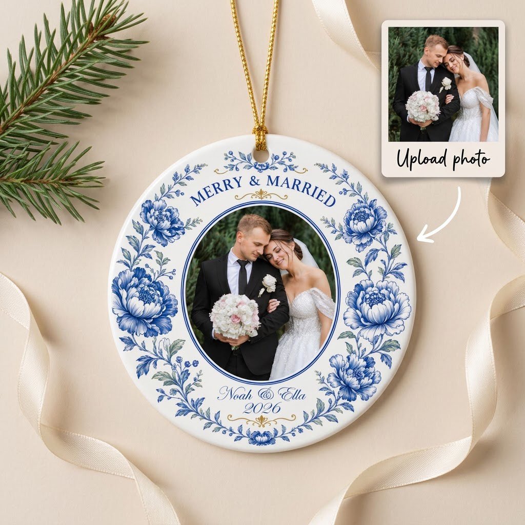 Round ceramic ornament with blue chinoiserie border, gold accents, and a circular wedding photo framed at center.