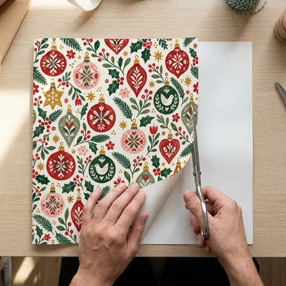 Matte wrapping paper with folk-style red, pink and green ornaments, pine branches, holly and starbursts on cream.