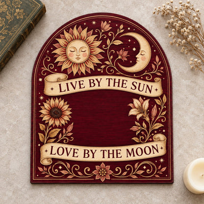 Arch sign with sleeping sun and moon, sunflower and lilies, banners reading Live by the Sun and Love by the Moon.