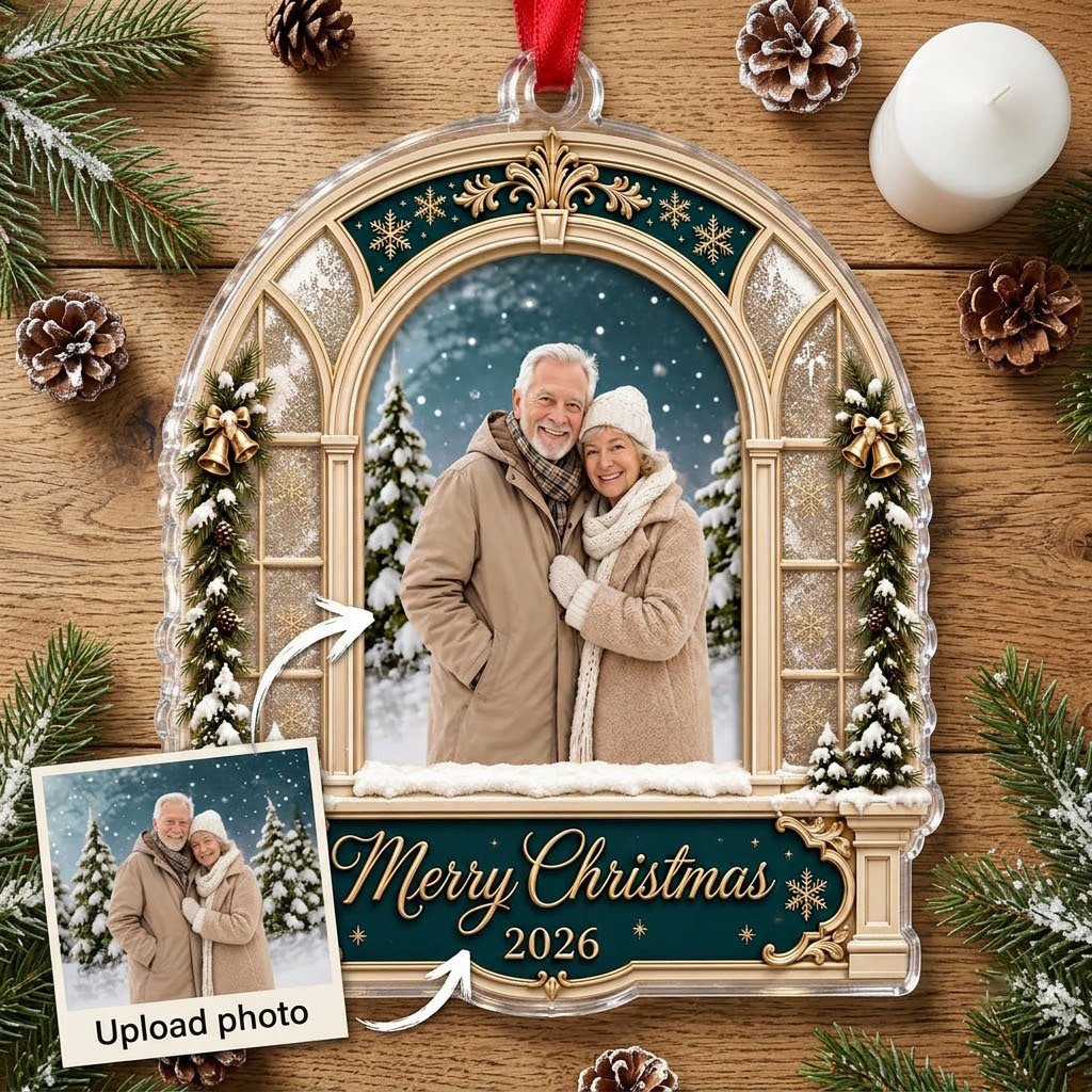 Arched window acrylic ornament with green header, pine garlands, Merry Christmas text, and a center photo window.