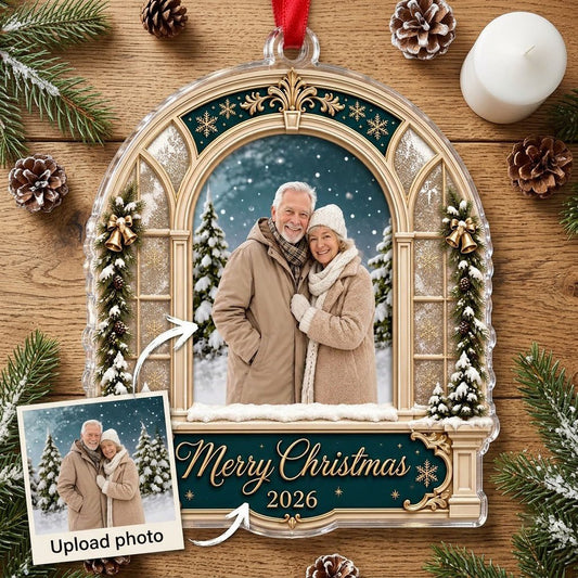 Arched window acrylic ornament with green header, pine garlands, Merry Christmas text, and a center photo window.