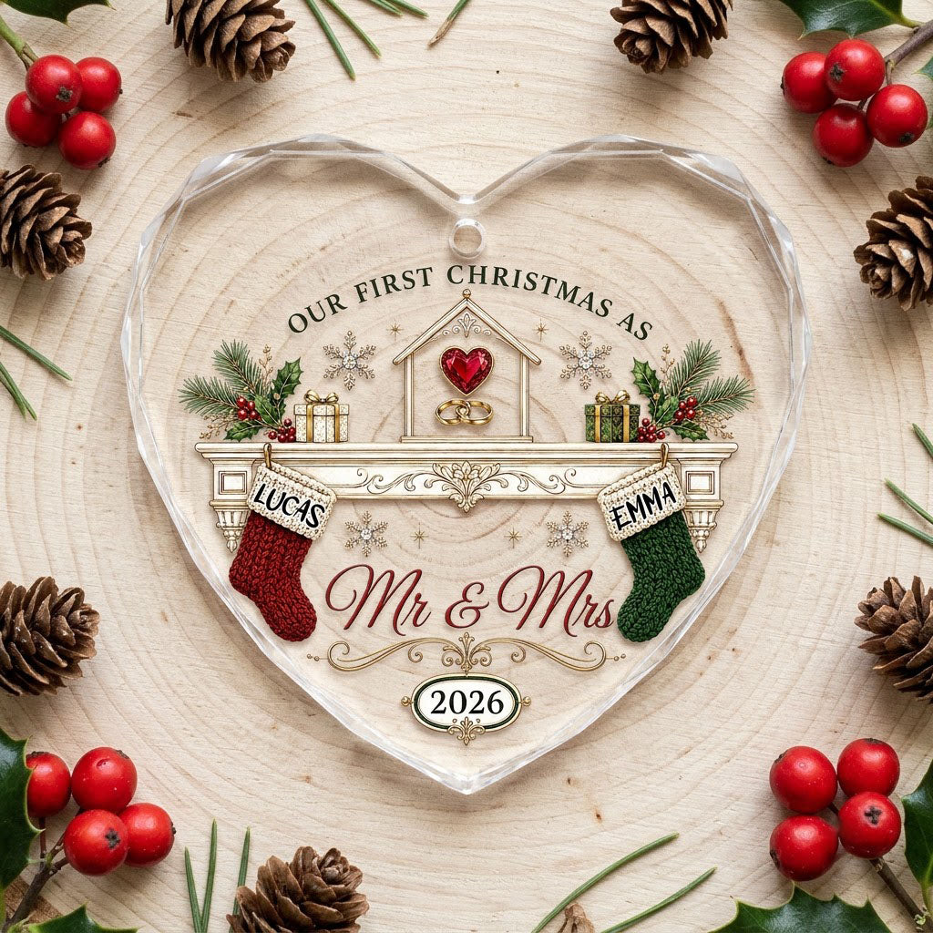 Personalized Our First Christmas as Mr & Mrs Fireplace Stockings Heart Glass Ornament