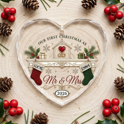 Personalized Our First Christmas as Mr & Mrs Fireplace Stockings Heart Glass Ornament