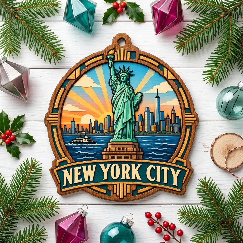 Wood ornament with Statue of Liberty, NYC skyline, ferry and sunrays in an Art Deco frame reading NEW YORK CITY.