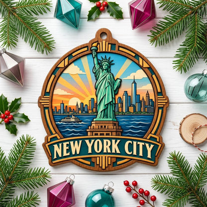 Wood ornament with Statue of Liberty, NYC skyline, ferry and sunrays in an Art Deco frame reading NEW YORK CITY.