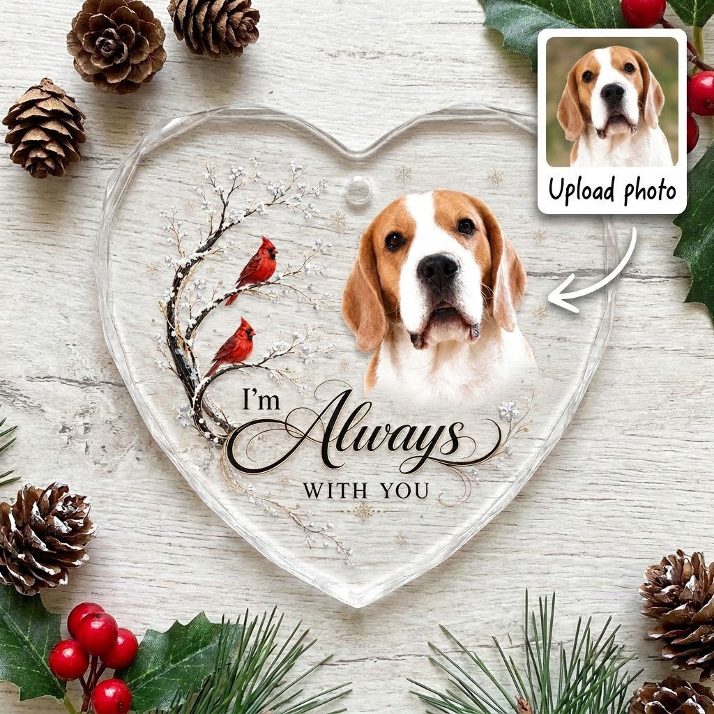 Personalized Dog Memorial Photo I'm Always With You Red Cardinals Heart Glass Ornament