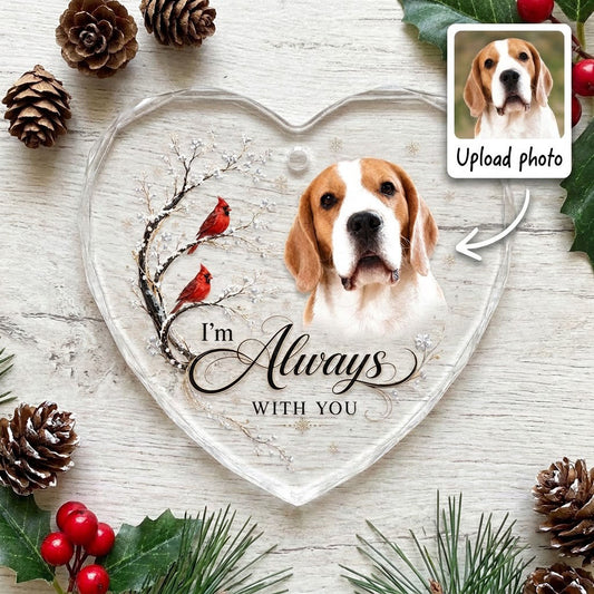 Personalized Dog Memorial Photo I'm Always With You Red Cardinals Heart Glass Ornament
