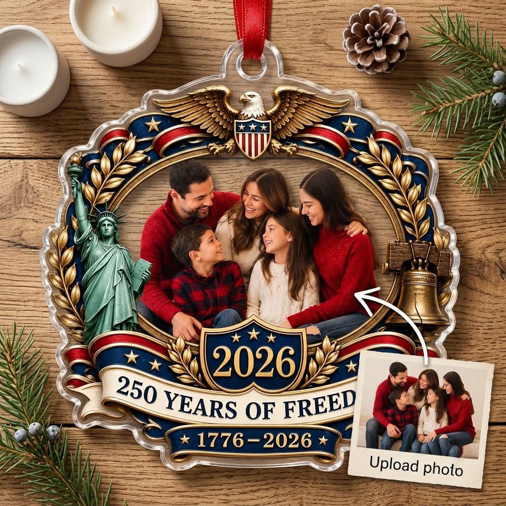 Ornate scalloped acrylic ornament with eagle, Statue of Liberty, Liberty Bell and an oval family photo frame.