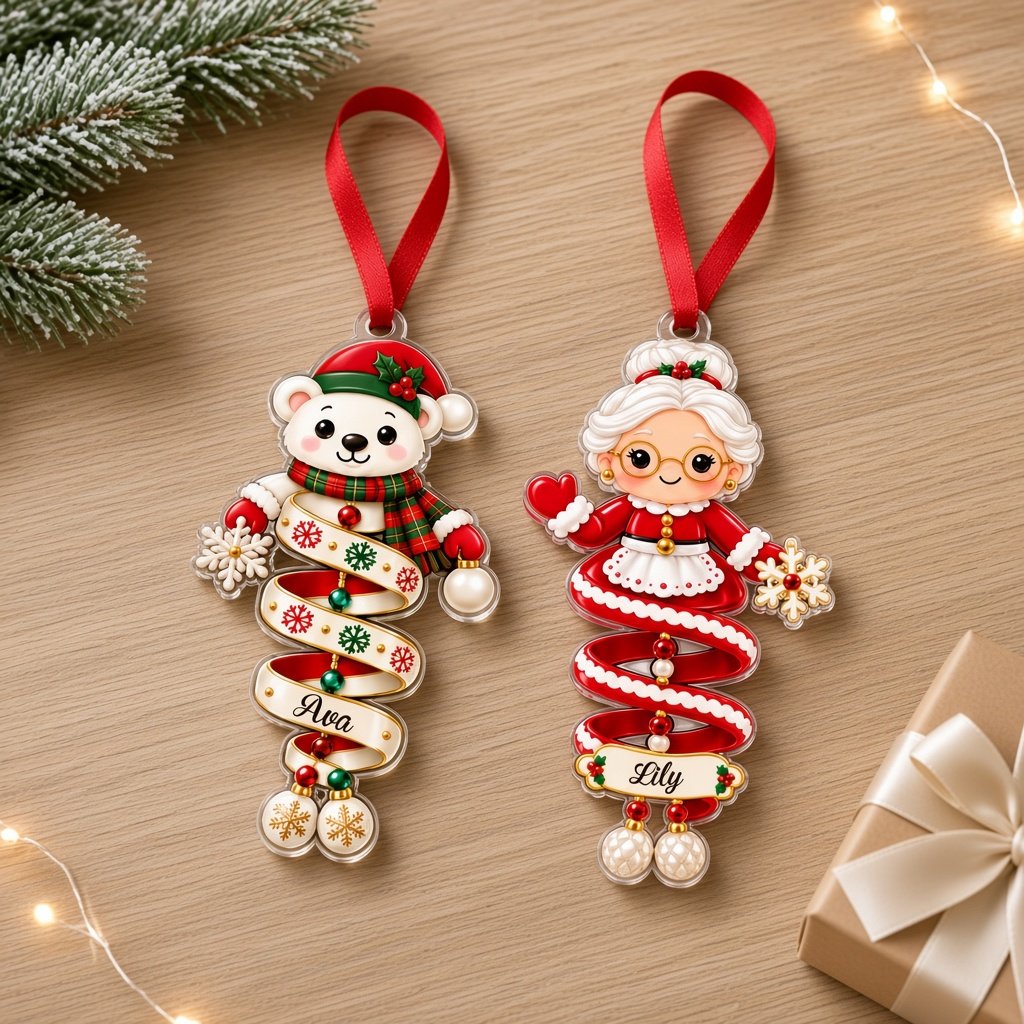Acrylic ornament showing a polar bear and Mrs. Claus made of spiral ribbons with two personalized names on each characte