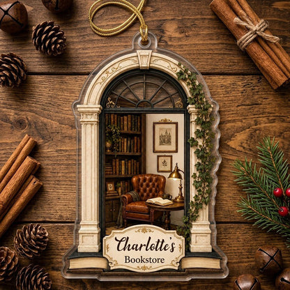 Personalized Library Reading Nook Acrylic Ornament, Custom Book Lover Christmas Keepsake
