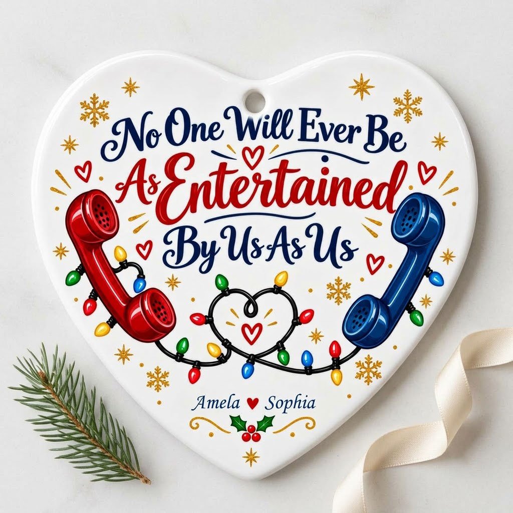 Heart ceramic ornament with red and blue vintage phones, heart-shaped Christmas lights, gold snowflakes and holly.