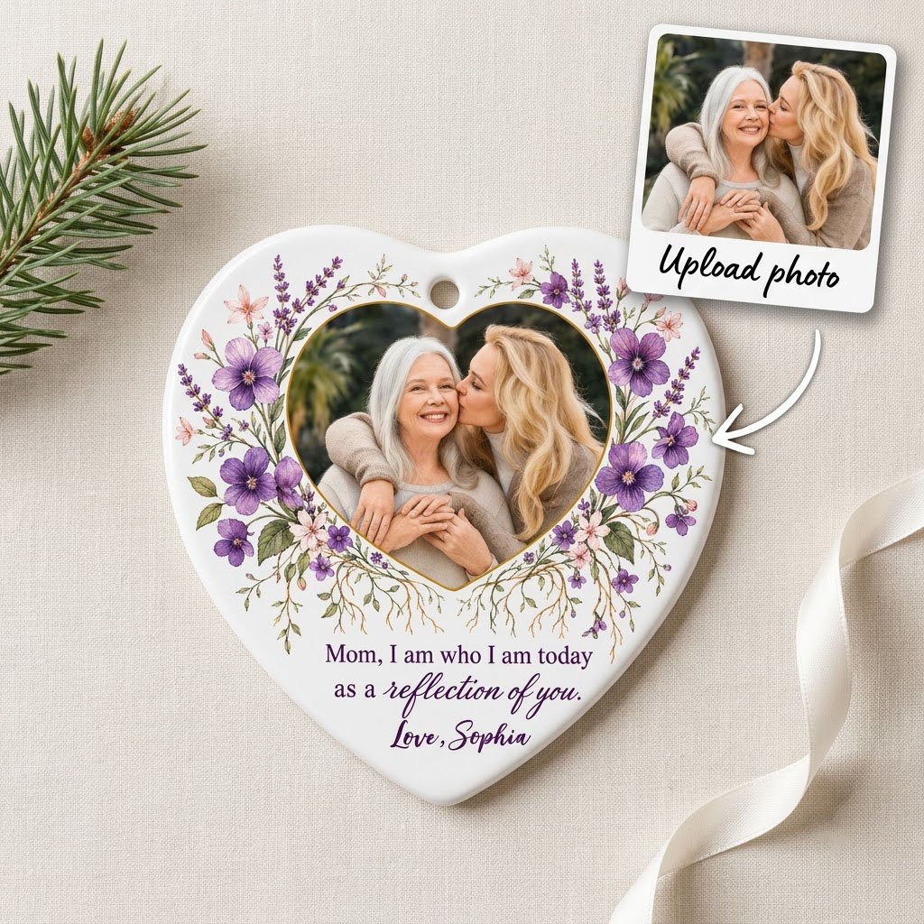 Heart ceramic ornament with a gold-edged heart photo and purple watercolor florals around the message for Mom.