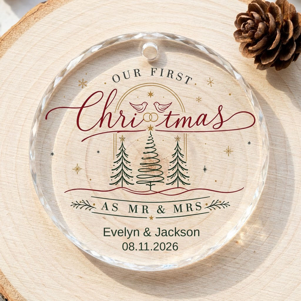Personalized Our First Christmas as Mr & Mrs Doves and Trees Round Glass Ornament