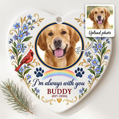 Heart ceramic ornament with a dog photo, red cardinal, blue forget-me-nots, rainbow, paw prints, and a gold heart accent
