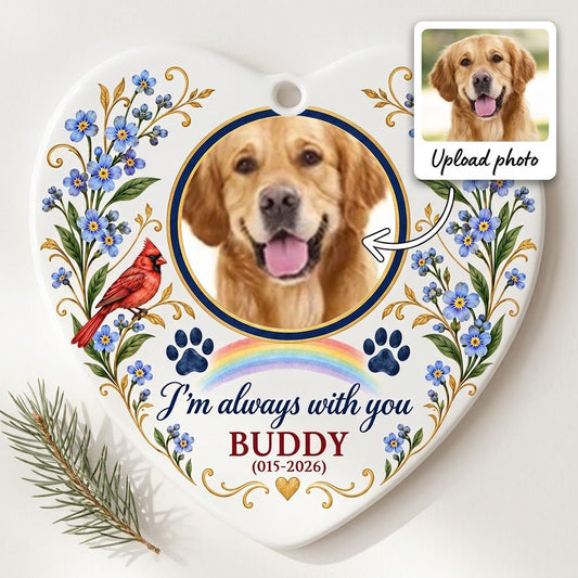 Heart ceramic ornament with a dog photo, red cardinal, blue forget-me-nots, rainbow, paw prints, and a gold heart accent