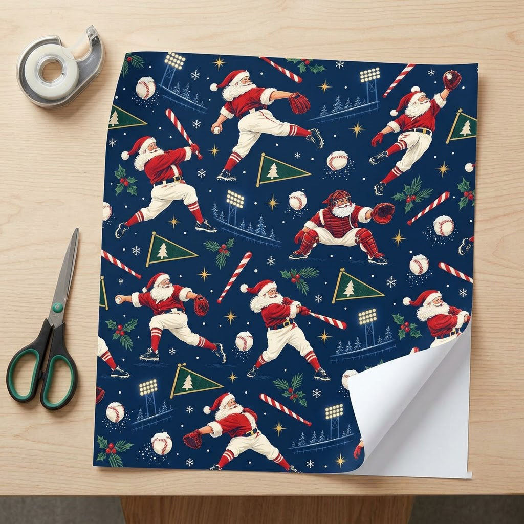 Navy wrapping paper with baseball Santas, candy cane bats, baseballs, pennants, stars and pine sprigs.