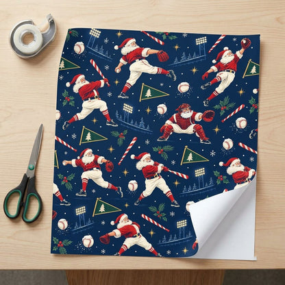 Navy wrapping paper with baseball Santas, candy cane bats, baseballs, pennants, stars and pine sprigs.