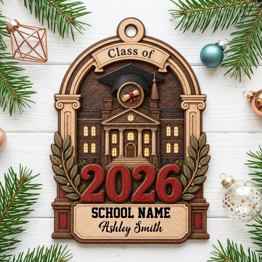 Personalized Class of Graduation Crest Wood Ornament with Cap, Diploma & Laurels