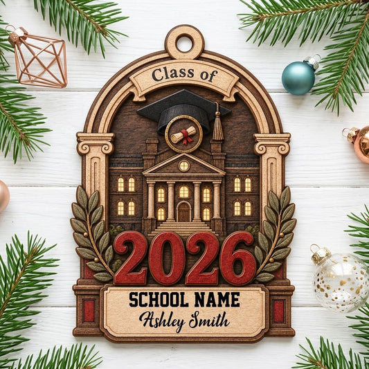 Personalized Class of Graduation Crest Wood Ornament with Cap, Diploma & Laurels