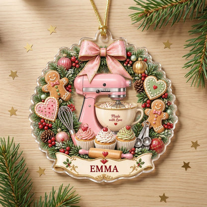Scalloped clear acrylic ornament with a pink mixer in a Christmas baking wreath and a Made with Love banner.