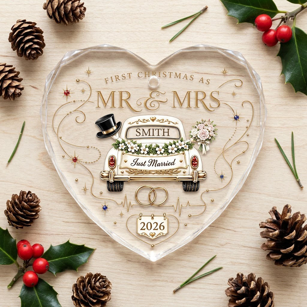 Personalized First Christmas as Mr & Mrs Vintage Just Married Car Heart Glass Ornament