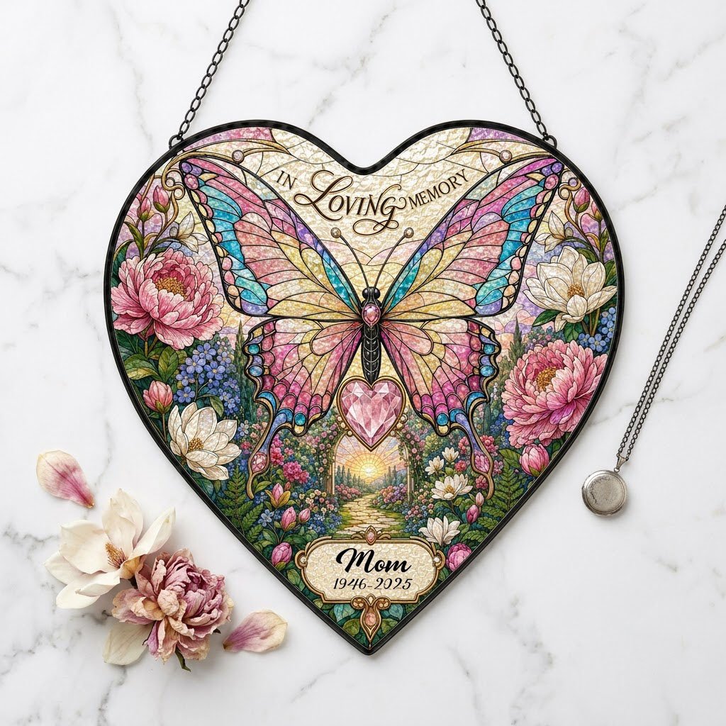 Personalized Butterfly Floral Garden Memorial In Loving Memory Heart Stained Glass Suncatcher