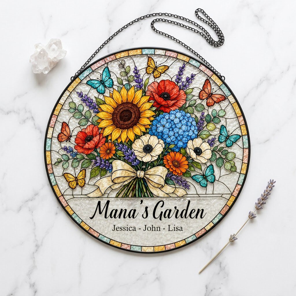 Round stained-glass style suncatcher with floral bouquet, butterflies, and 'Mana's Garden' with names.