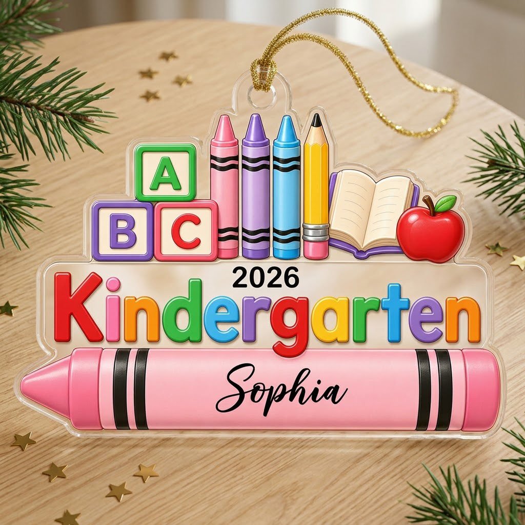 Clear acrylic ornament with ABC blocks, crayons, apple, open book and 'Kindergarten 2026' with a pink name banner