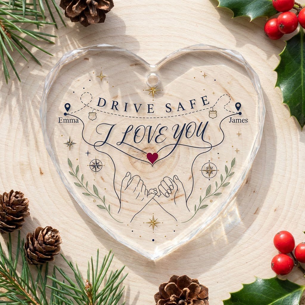 Heart glass ornament showing pinky promise hands, map pins, compass roses, green sprigs, and DRIVE SAFE and I LOVE YOU.