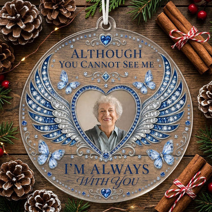 Personalized Sapphire Angel Wings Heart Photo Memorial Acrylic Ornament