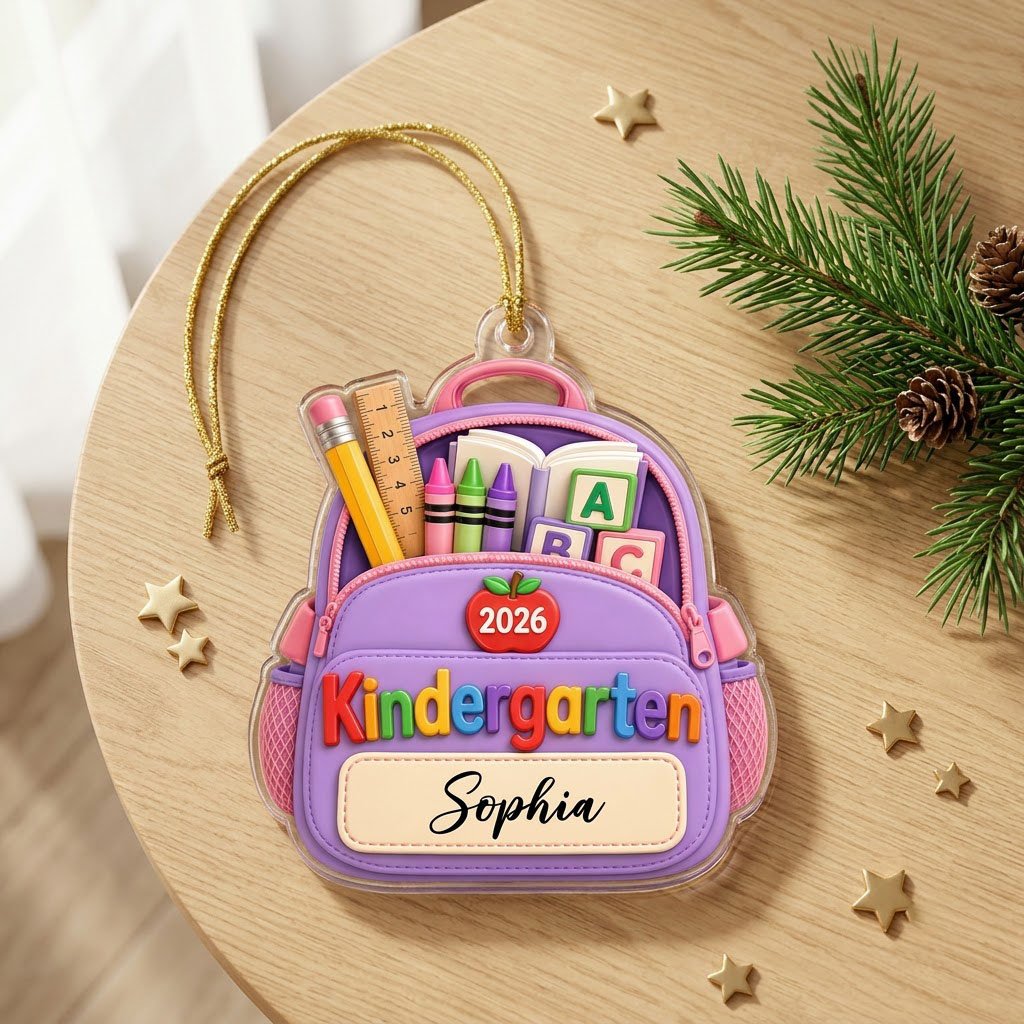 Purple backpack acrylic ornament with ABC blocks, apple, Kindergarten text, 2026 year, and a stitched name banner.