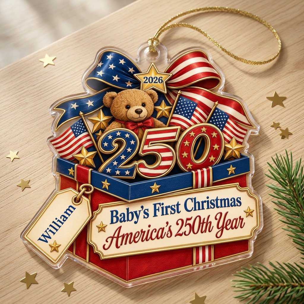 A teddy bear in a red gift box with blue trim, 250 and 2026 with American flags and a patriotic bow on an acrylic orname