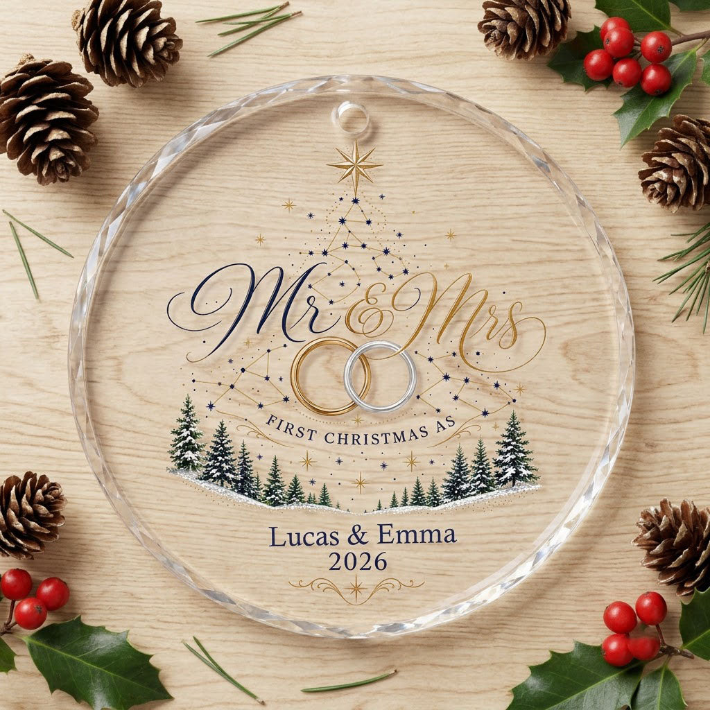 Personalized First Christmas as Mr & Mrs Constellation Tree Round Glass Ornament