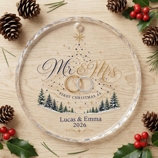 Personalized First Christmas as Mr & Mrs Constellation Tree Round Glass Ornament