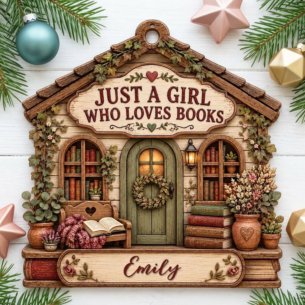 House-shaped wood ornament with 'JUST A GIRL WHO LOVES BOOKS', bookshelves, green door with wreath, and the name Emily.