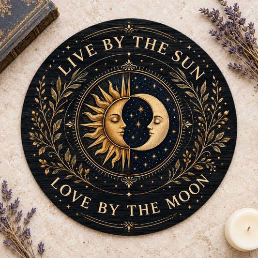 Round wooden sign with gold sun and crescent moon faces and the words “Live By The Sun, Love By The Moon”.