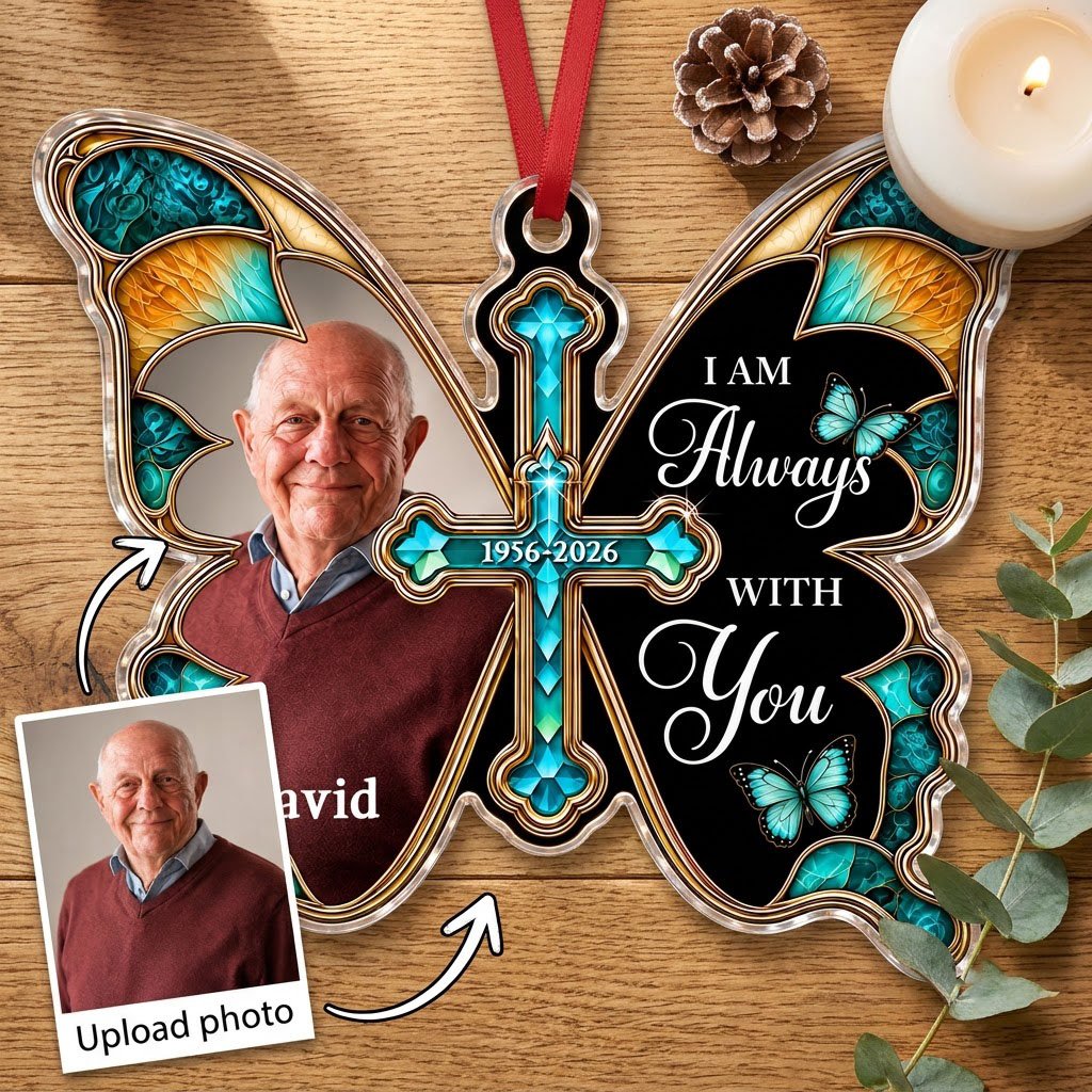 Butterfly acrylic ornament with stained glass wings, gold cross, photo panel, and the text I AM Always WITH You.