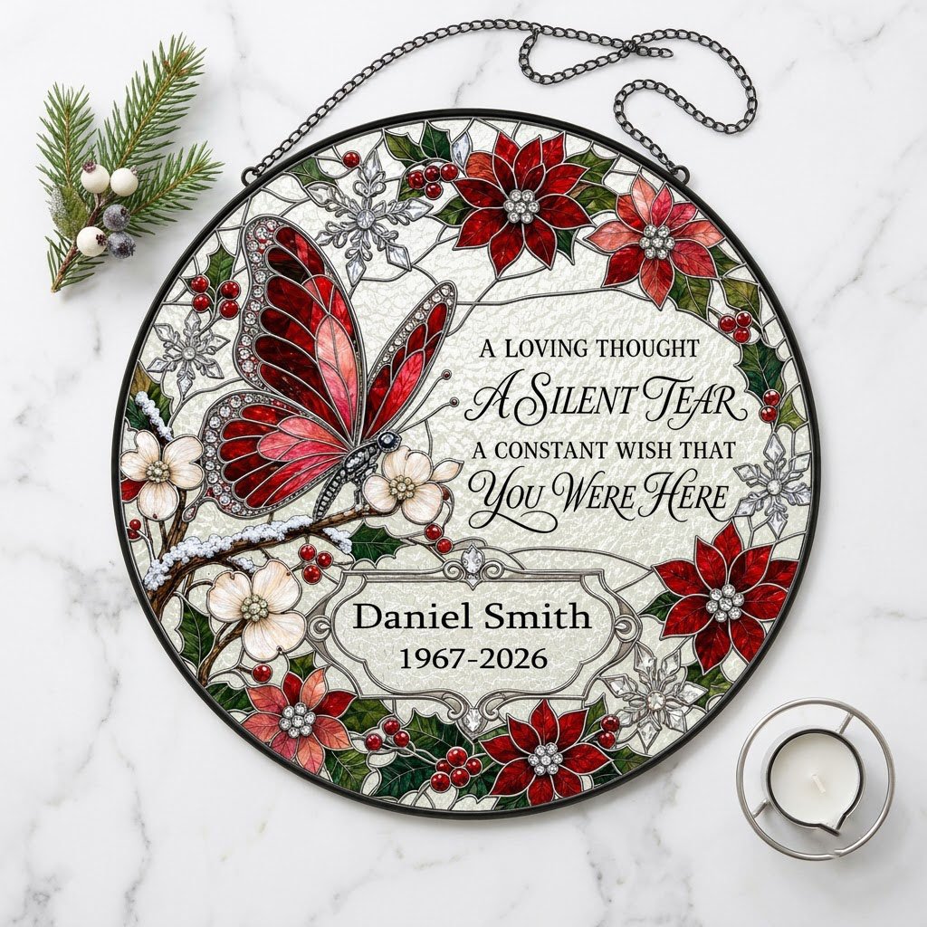 Personalized Red Butterfly Poinsettia A Silent Tear Memorial Stained Glass Round Suncatcher