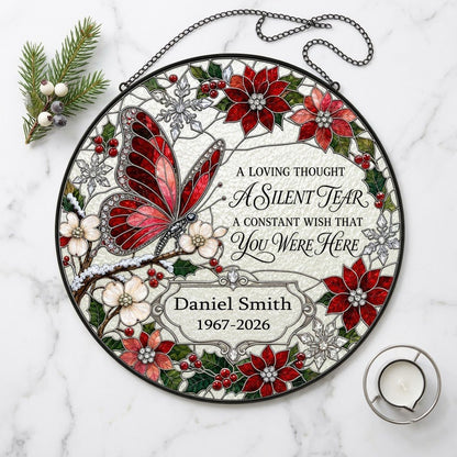 Personalized Red Butterfly Poinsettia A Silent Tear Memorial Stained Glass Round Suncatcher