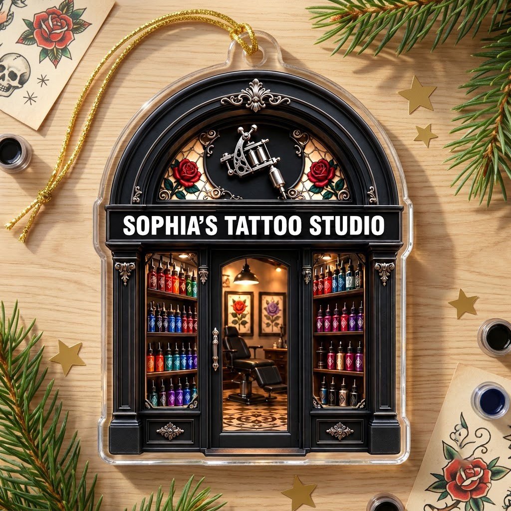 Arched black storefront tattoo ornament with silver machine, stained-glass roses, ink bottles, and a 'TATTOO STUDIO' sig