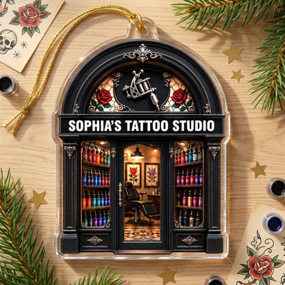 Arched black storefront tattoo ornament with silver machine, stained-glass roses, ink bottles, and a 'TATTOO STUDIO' sig
