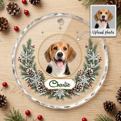 Personalized Dog Photo Holiday Wreath Round Glass Ornament