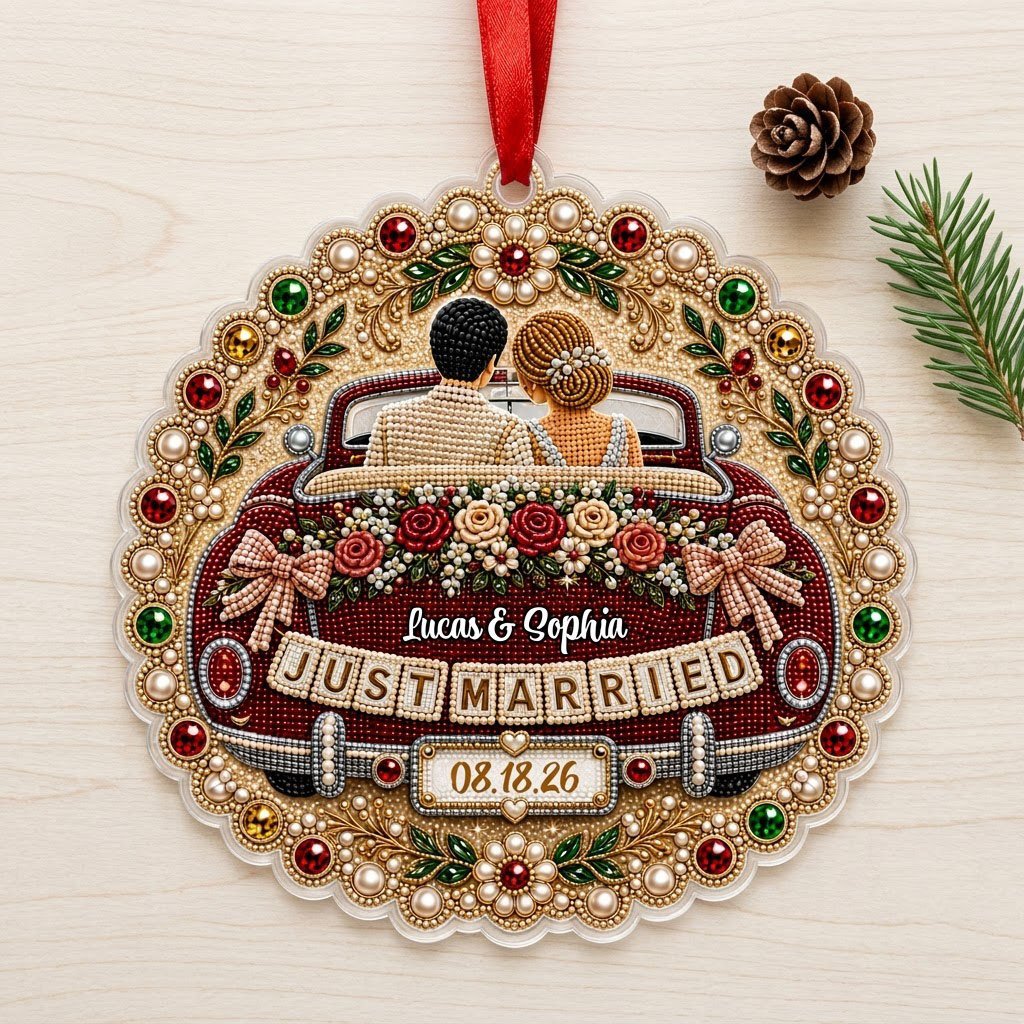 Personalized Just Married Vintage Car Scalloped Round Acrylic Ornament